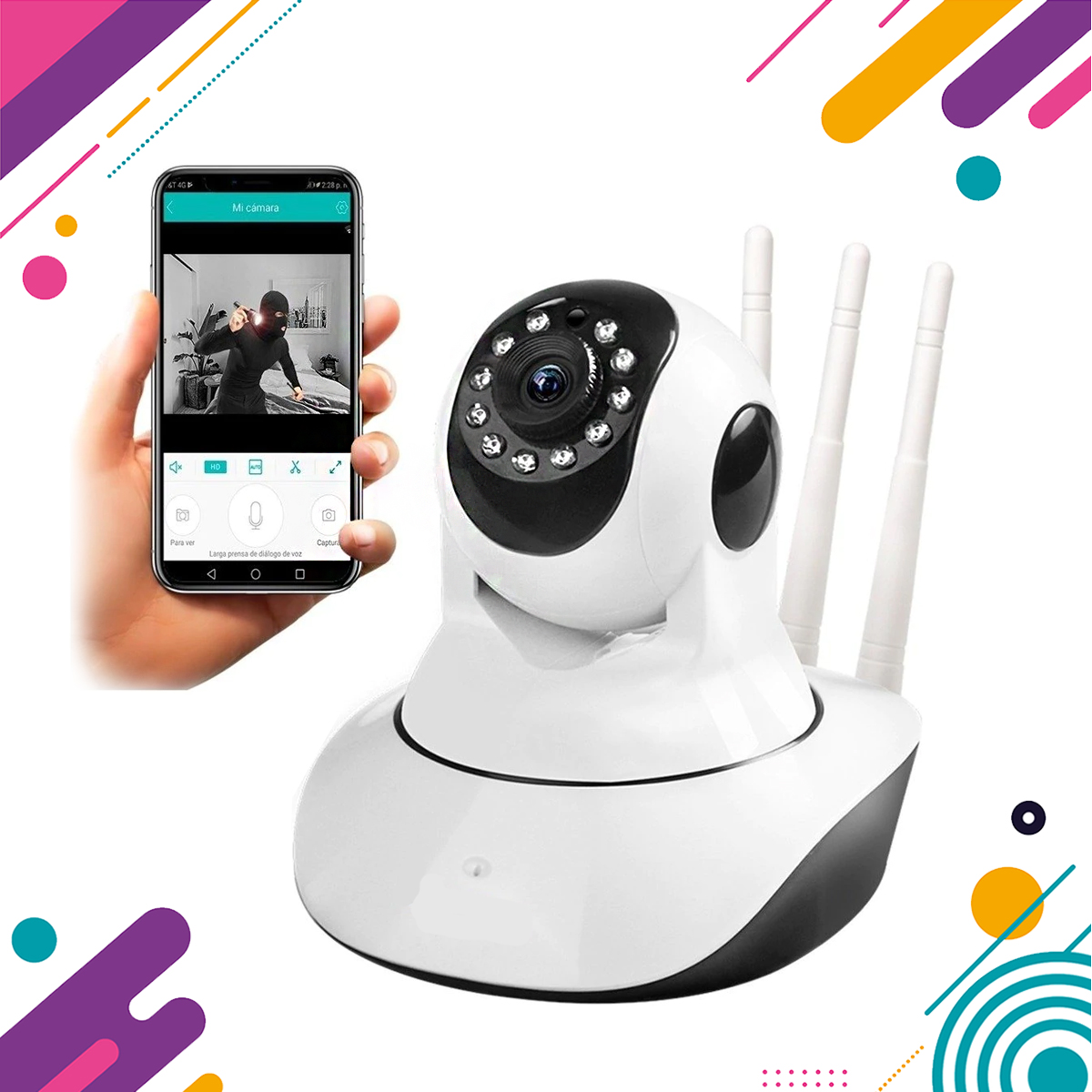 Producto: Camara Seguridad Wifi Full HD Robótica 360º Tres Antenas, Audio Doble Vía Visión Nocturna